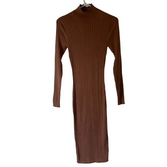 Fashion Nova Dress High Neckline Fitted Ribbed BodyCon Tan Brown Midi Small - Picture 1 of 6